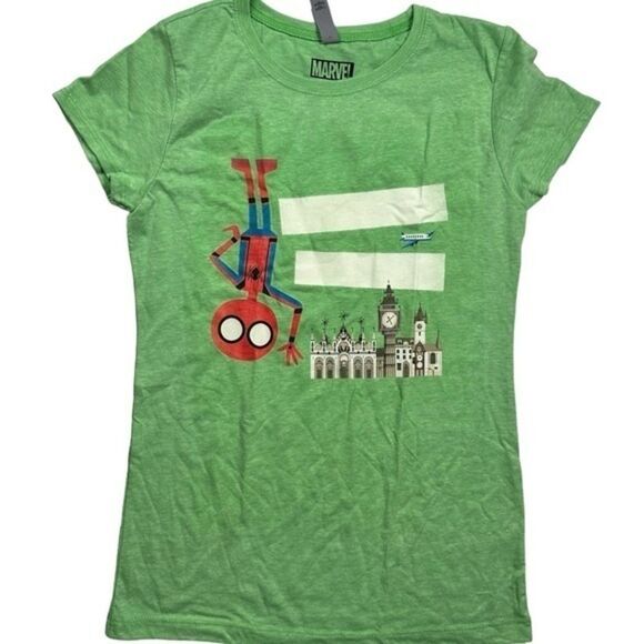 NWOT Marvel Girls Green Short Sleeve Graphic Spiderman Tee Shirt - Size XL - Picture 1 of 5